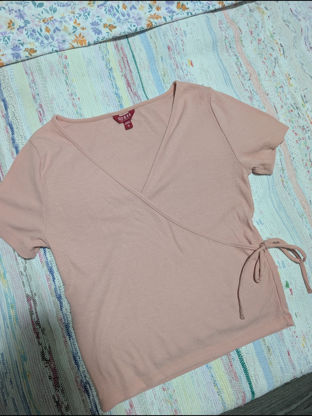 GUESS Blush Pink Ribbed Wrap Tee with Side Tie